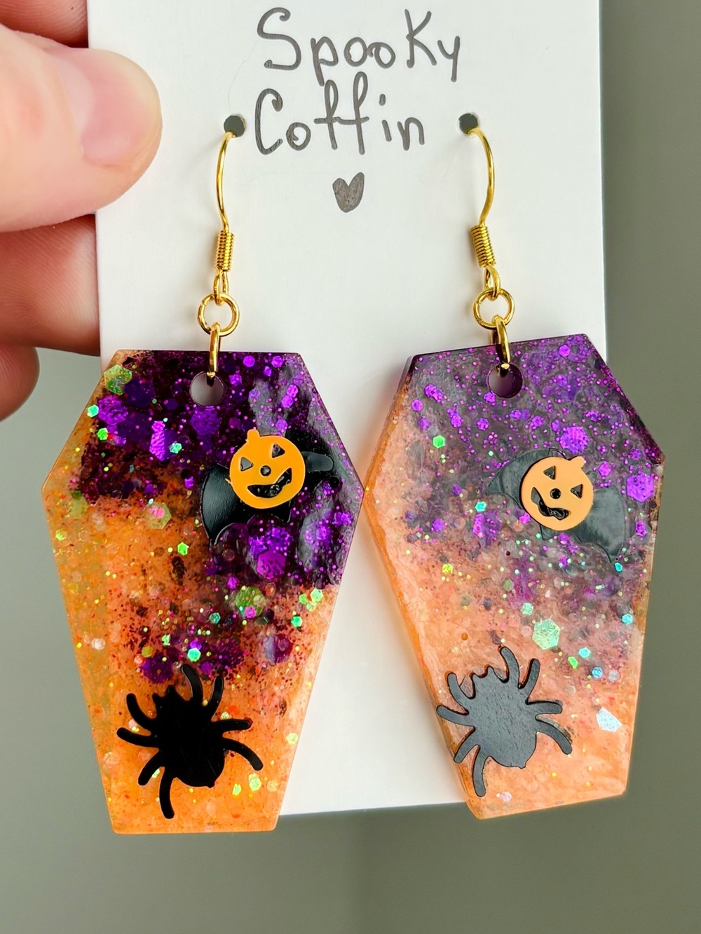 Spooky Coffin Earrings Orange Purple Glitter Resin Halloween Jewelry